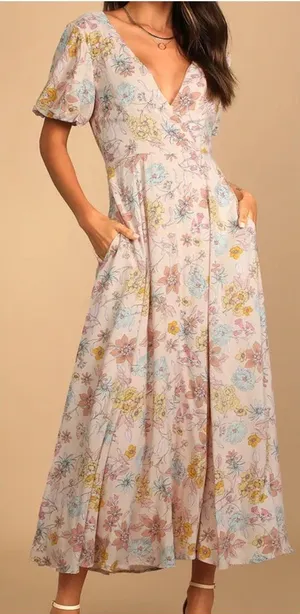 NWOT Lulus Flourishing Feelings Pink Floral Puff Sleeve Midi Dress XL thumbnail 1