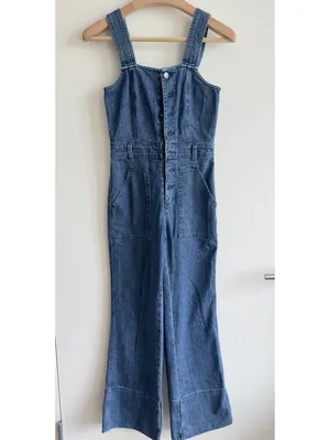 Aerie Denim Kick Flare Overalls XS Blue Wide Leg Adjustable Straps thumbnail 2