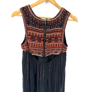 Free People Aztec Beaded Embroidered Bib Dress‎ Black Boho Festival Cotton Sz 4 thumbnail 4