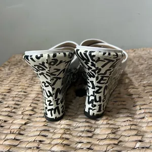 Stuart Weitzman New Black & White Leather‎ Graffiti Print Logo Sandal Wedge 9.5 thumbnail 5