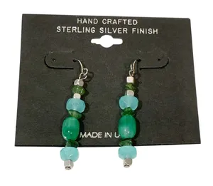 Vintage Hand Crafted Sterling Silver Finish Green Blue Tone Beaded‎ Earring NEW thumbnail 1