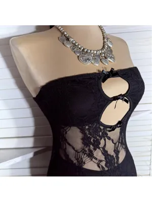 Vintage Y2K mini dress black mesh strapless cut out bodycon clubbing rave punk S thumbnail 9
