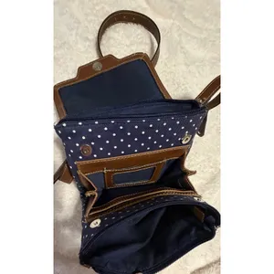 Chaps Navy Blue Polka Dot Crossbody Bag Brown Trim Canvas Small Messenger Purse thumbnail 14