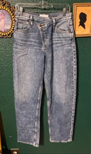 GAP WASHED BLUE CROSSOVER STRAIGHT LEG Jeans Womens 27/4 Denim Boho Retro thumbnail 1