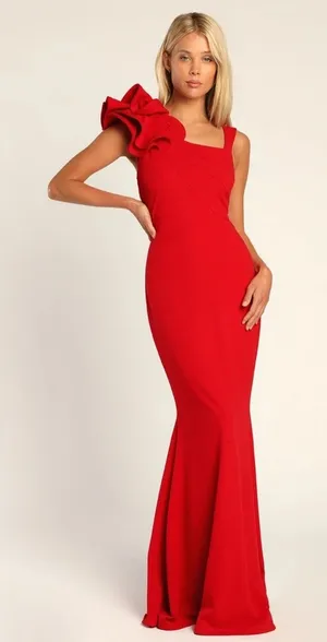 NWT Lulus Lucette Red Sleeveless Ruffled Mermaid Maxi Dress Wedding Holiday XS thumbnail 1