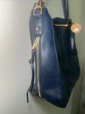 Navy Leather Shoulder Bag with Gold Hardware - Women's thumbnail 3