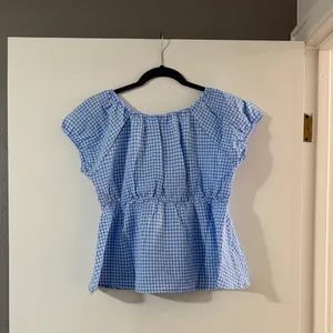 Double Zero Light Blue Gingham Peplum Cap-Sleeve Blouse thumbnail 4