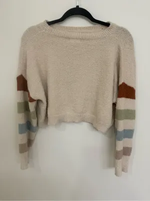 Altar’d State Cozy Cream Cropped Sweater with Multi-Color Sleeve Stripes thumbnail 2