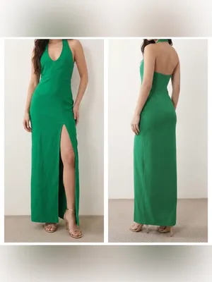 Vesper ASOS Green Bengaline Halterneck Thigh Split Maxi Dress Sz 8UK USA 4 thumbnail 5