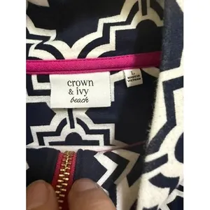 Crown Ivy Beach Navy White Quatrefoil Quarter‎ Zip Pullover L Preppy Coastal Top thumbnail 4
