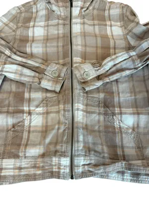 Eddie Bauer Linen Plaid Zip Up Hooded Jacket Size Large Tan Brown Orange thumbnail 3