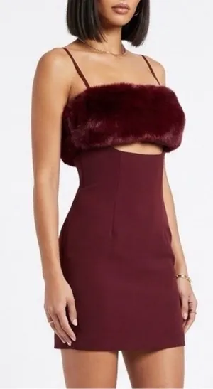 Naked Wardrobe Burgundy Faux Fur Trim Mini Dress Sexy Date Night Club Prom Small thumbnail 1