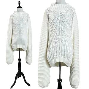 Free People Chunky Knit Sweetheart Mock Neck Sweater in Ivory White Large NWT thumbnail 7