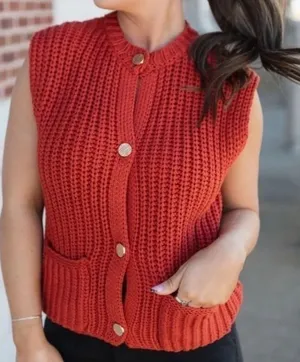 VICI Womens Rust Red Chunky Shaker Knit Button Front Sweater Vest Gold Buttons L thumbnail 1