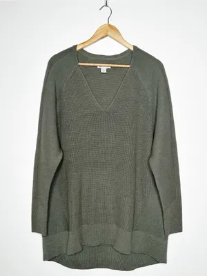Athleta Hanover Merino Wool Blend V-Neck High Low Tunic Sweater Olive Green XL⁠ thumbnail 3