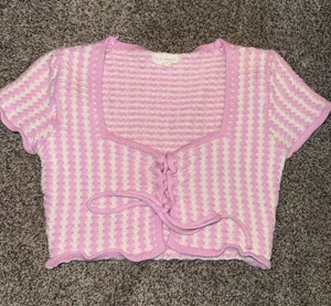 L.A. Hearts Pink and White Striped Short Sleeve Lace-Up Front Knit Crop Top thumbnail 1