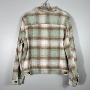 Umgee Boutique Pastel Green Brown Plaid Shacket Boxy Fit Top Jacket Layering M thumbnail 3