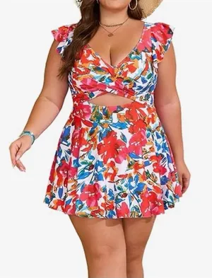 NEW Swimsuit 1 Pc Swimdress Bathing Suit Tummy Control VNeck Ruffle Cutout 2X thumbnail 1