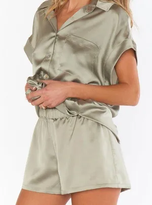 SHOW ME YOUR MUMU Glam Time Shorts In Moss Green Luxe Satin thumbnail 1