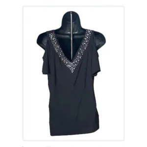 Forever 21 Black Rhinestone Cold Shoulder Top - Size L thumbnail 2