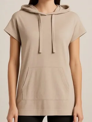 Pact Savannah Organic Cotton Short Sleeve Pullover Hoodie Sweatshirt Beige M thumbnail 1