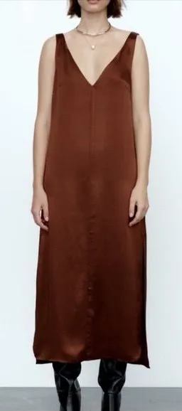 Zara Chocolate/Brown Satin Effect‎ Midi Dress size Small thumbnail 1
