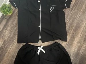 SHEIN Black Short Sleeve Button Pajama Set with White Piping thumbnail 3