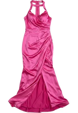 Hot Pink Satin One‎ Shoulder Ruched Formal Gown Halter Neck Side Slit Prom Dress thumbnail 1