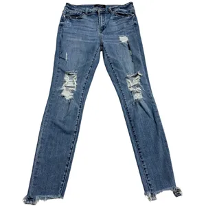 Judy‎ Blue Size 11/30 Denim Skinny Jeans Blue Distressed Ripped Raw Hem Slim Mid thumbnail 1