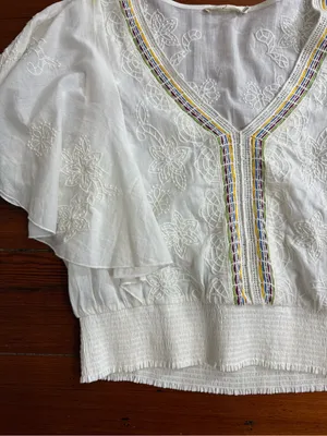 Anthropologie Floreat Aviana Embroidered Flutter Sleeve Smock Waist Top Sz L 💛🍄 thumbnail 7
