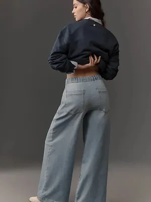 Pilcro Anthropologie Wide Leg Denim Knit Pants L High Rise Pull On Jeans thumbnail 2