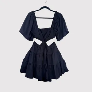 Free People Mini Dress Black Cross Of Sunlight Cutout Waist Smocked Tiered Small thumbnail 2