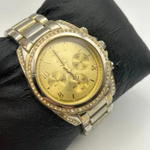 Women's Two Tone Gold Silver Crystal Bezel Chronograph Dial Watch Working thumbnail 3