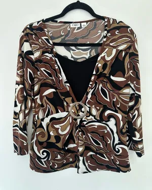 Cato Top Size L Brown White Black Retro Swirl O-Ring V-Neck 3/4 Sleeve thumbnail 1