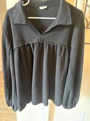 Jodifl Black Textured Waffle Knit Babydoll Top Long Sleeve Collar V-Neck Large thumbnail 1