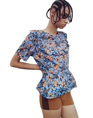 Zara Blue Floral Print Peplum Top thumbnail 1