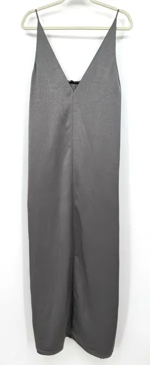 ZARA V-Neck Hammered Satin Maxi Slip Dress Sz L Gray Grunge Luxury Minimalist thumbnail 1