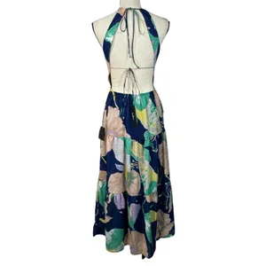 Lulus X-Small Halter Maxi Dress Floral Lined V-Neck Tiered Open Back Blue Multi thumbnail 6