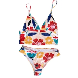 NWT Floerns Floral Print Halter Neck Tankini 2 Piece Swimsuit Beige Multi Small thumbnail 4
