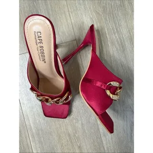 Cape Robbin Disteny Brick Red Satin Slide Mules with Gold Crystal Chain thumbnail 2