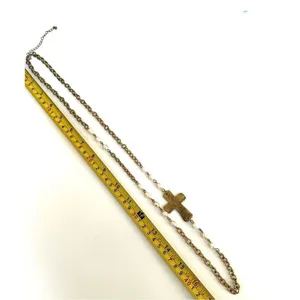 Silver and gold tone fresh water pearl long cross necklace thumbnail 5