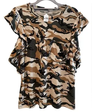 Flutter Sleeve Camo Blouse Tee with Ruffle Pocket Tan Green‎ Size Medium Green thumbnail 1
