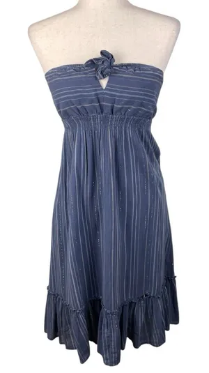 Vintage Y2K Old Navy Strapless Sundress Size Small Blue Metallic Stripe FLAWED thumbnail 1