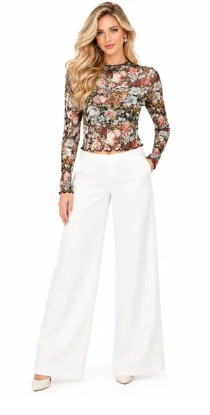 Alice + Olivia Floral Semi-Sheer Mock Neck Long Sleeve Cropped Mesh Top thumbnail 1