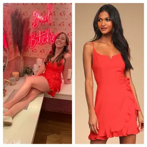 NEW Lulus Sunny Oasis Mini Dress XL Coral Red Ruffled Faux-Wrap Sleeveless thumbnail 10