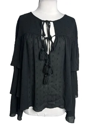 Happy x Nature‎ Swiss Dot Flowy Blouse tiered bell sleeve tassel tie black sz L thumbnail 1
