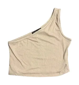 Brit & Bri‎ Tan Ribbed One Shoulder Crop Top Beige Rib Knit Sleeveless Shirt thumbnail 1
