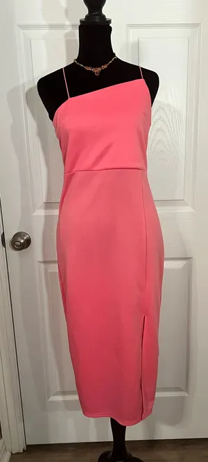 Pink bodycon wedding guest dress with slit bridesmaid thumbnail 1