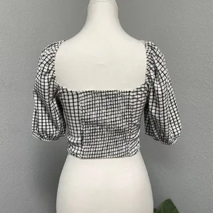 Bershka Plaid Gingham Crop Smocked Milkmaid Top Cottagecore Boho Peasant thumbnail 4