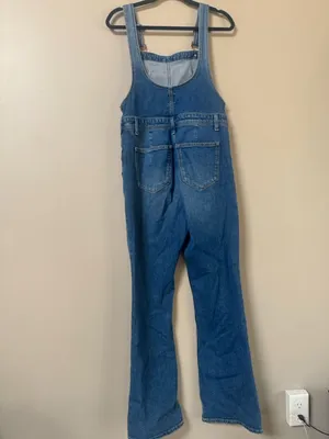 GAP long & Lean side zip dark denim bib overalls flare leg size Medium thumbnail 7